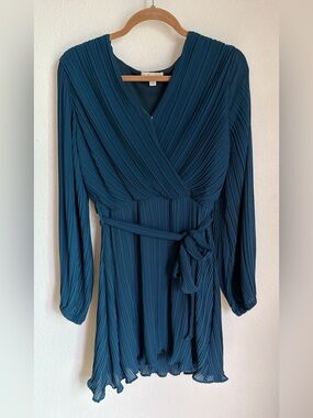 She + Sky Teal Pleated Long Sleeve Wrap Dress